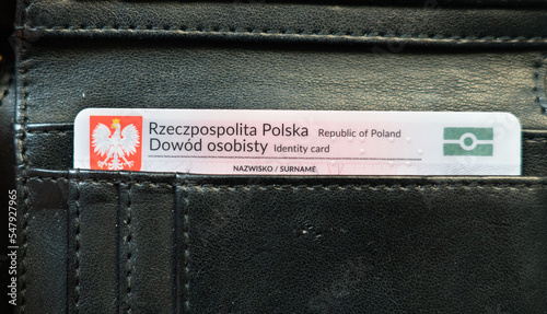 Dowód osobisty, Polish ID card (Identity Card) in black wallet. Polish emblem eagle on a red background. National identity card in Poland