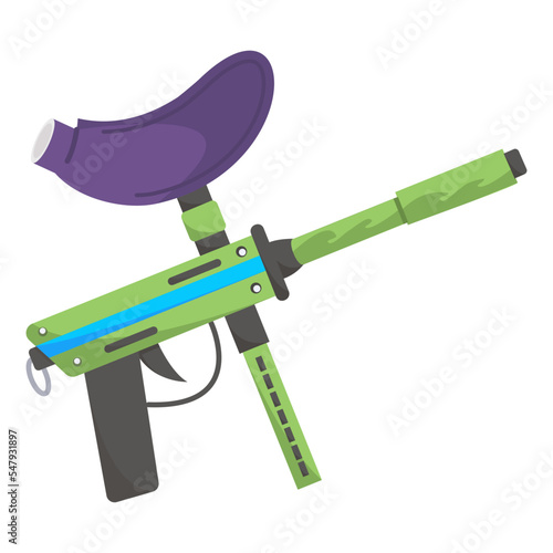 Paint Gun with Hoppers vector flat icon design, Shooting sport symbol, extreme sports Sign, skeet shooting and trapshooting stock illustration, Paintball marker Concept