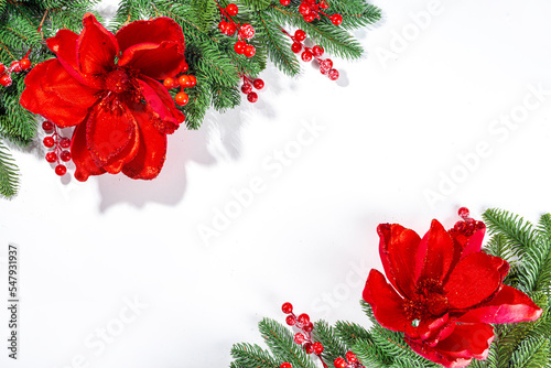 White simple christmas, New Year holidays background with Christmas tree branches, winter red berries, poinsettia flowers, flatlay top view copy space