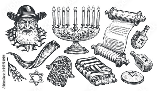 Jewish set sketch. Torah scroll, Menorah, Shofar, Rabbi, Miriam hand. Religion concept vintage vector illustration