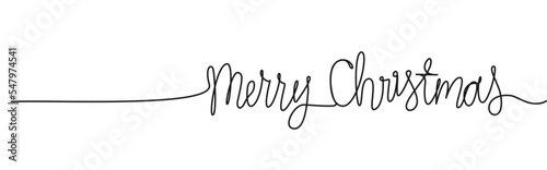 single line handdrawn phrase MERRY CHRISTMAS isolated on white, line art vector illustration