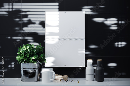 Spiral wall calendar on the kitchen wall mockup. 3D rendering