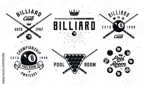 Billiard, 8-ball logo set. 6 billiard emblems with cue, balls, crown and banner icons. Hipster Design. Pool room, 8-ball. Emblem, poster templates. Vector illustration