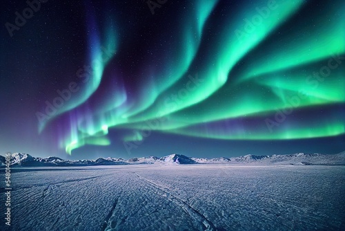 green aurora borealis, polar lights over ice and snow landscape, generative ai