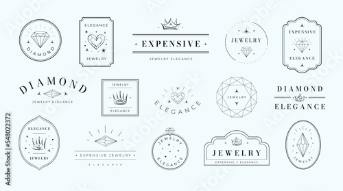 Jewelry emblems. Elegance diamond label template, luxury gemstone emblem and premium minimalistic frame vector set