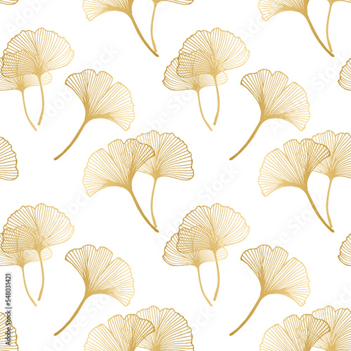 Seamless pattern, golden leaves of ginkgo biloba on a white background. Print, textile, vector