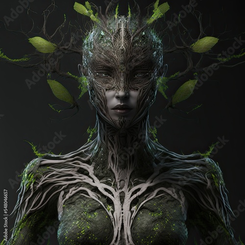 Biomechanical floral dryad woman isolated on black background. Digitally generated character art.