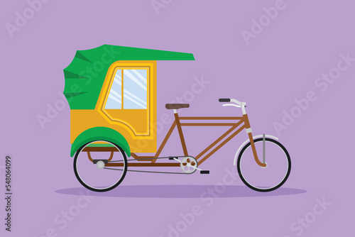Graphic flat design drawing cycle rickshaw seen from the side pulls the passenger sitting behind it with a bicycle pedal. Tourist vehicle in Asia countries. Cartoon style character vector illustration