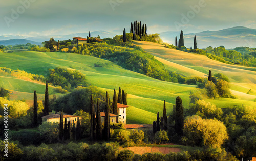 Beautiful and miraculous colors of spring panorama landscape of Tuscany, Italy. Tuscany landscape with grain fields, cypress trees and houses on the hills at sunset. 
