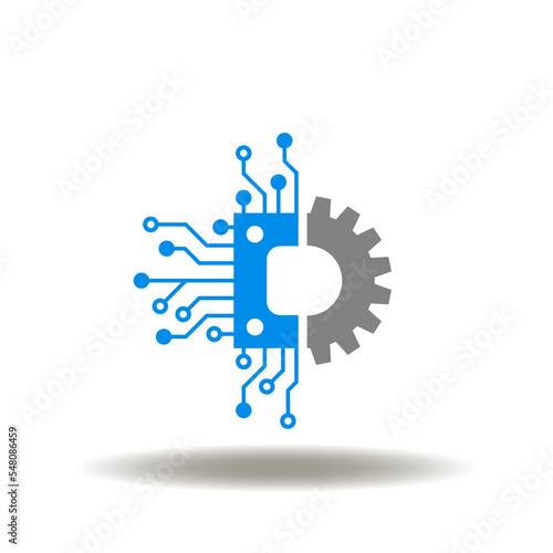 Vector illustration of processor with gear. Icon of circuit board technology. Symbol of microprocessor production. Sign of microchip integration.