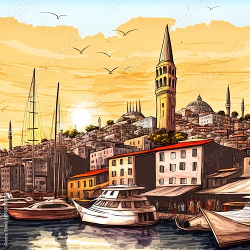Cityscape of istanbul with the view on galata tower and boats in golden horn bay, turkey