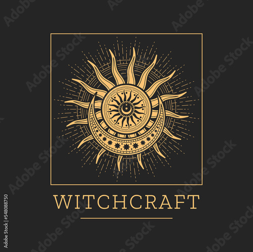 Witchcraft astrology, tarot and occultism magic icon. Esoteric astrology esoteric symbol or icon with sun, stars and crescent. Religion sacred sign, occultism emblem or tattoo, witchcraft seal
