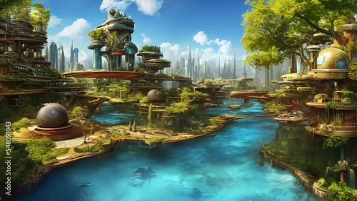 utopia, futuristic city with beautiful buildings along a river