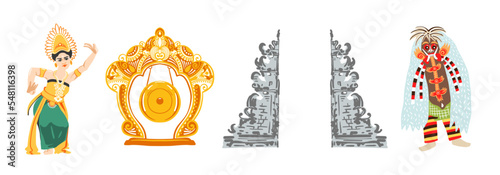 set of bali symbols Balinese dancer, gong, temple gate, vector illustration.