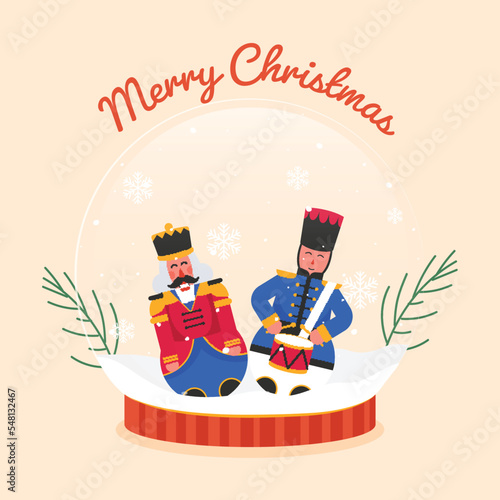 Merry Christmas Celebration Greeting Card With Nutcracker Characters Inside Snow Globe And Fir Leaves On Peach Background.