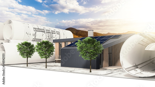 Bauplanung an einem energieeffizienten öffentlichen Gebäude mit Solarmodulen und Landschaftshintergrund - 3D Visualisierung
