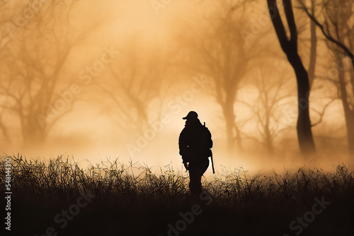 Silhouette of a hunter in the morning light, with his rifle on his shoulder, trying to kill animals. The real pleasure of hunting is there, a solitary hunt in front of the wild nature.
