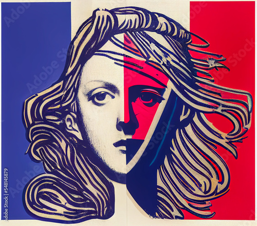 Face of Marianne, symbol of the French republic associated with the blue white and red flag of France. Allegory of freedom, fraternity and equality.