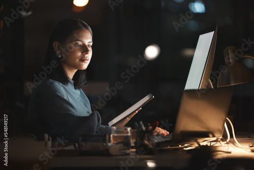 Computer tech, night and woman with tablet working on database programming code, ai development design or software coding. Ui screen, programmer or developer review cyber security of company big data