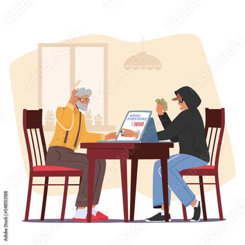 Dangerous Acquaintance Online Concept with Senior Male Character Buying Magic Substance in Internet Vector Illustration