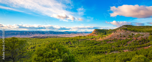 Aragon panoramic landscape view- orange mountain, forest and clouds ( sierra armantes, Calatayud)