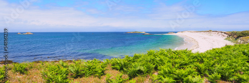 Panoramic view of the beautiful beach of Ile Saint Nicolas, main island of the famous Glénan archipelago located off the Brittany coast of Concarneau in the Morbihan department in western France