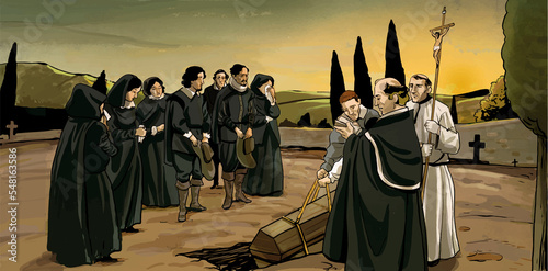 Ceremony burying a coffin in graveyard. Old Burial scene illustration.