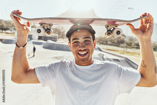 Portrait, skateboard and skater man in city, street or skate park ready for skating practice. Exercise, skateboarding sports and happy male preparing for fitness workout or training in town outdoors.