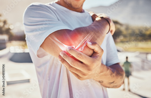 Man, joint pain and elbow arthritis in outdoor closeup in summer sunshine with massage arms. Broken arm, bone and guy at urban park in metro, city or town with physical therapy with hands in zoom