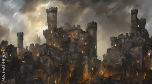A concept art illustration of Crumbling Farum Azula. A location from Elden ring game. Levitating ruins of castle/fortress and colosseum spinning and flying around a huge tornado. Vortex and whirlwind