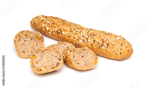 Multigrain bread baguette isolated on white background