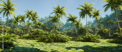 Artistic concept illustration of a panoramic tropical jungle, background illustration.