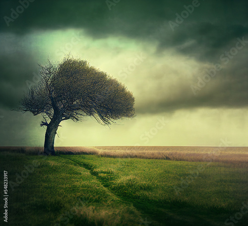 vintage landscape of lonely tree