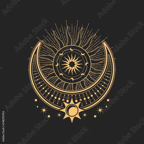 Crescent and moon esoteric occult symbols, magic tarot sign. Occultism, alchemy and astrology sacred religion mystic emblem. Vector wiccan amulet with sun, stars and moon with radiant rays