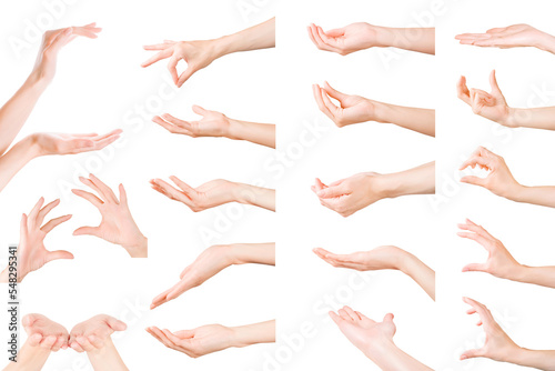 Set of woman hands showing, holding and supporting something. Isolated with clipping path