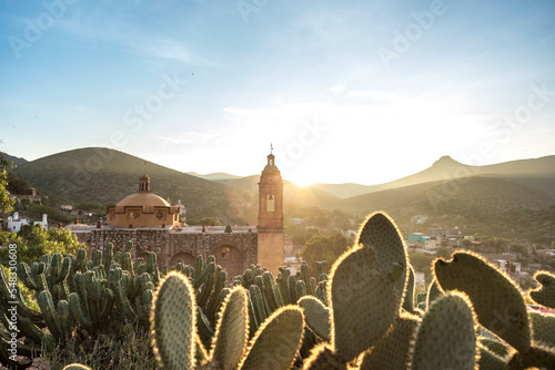 View of San Pedro hill at sunrise in San Luis Potosi, old town like Real de Catorce, Mexico (Cerro de San Pedro pueblo magico)