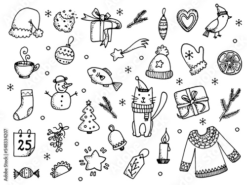 Set of Christmas design elements in doodle style black and white