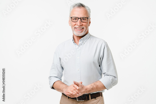 Happy mature middle-aged senior businessman teacher grandfather freelancer college professor wearing glasses isolated in white background
