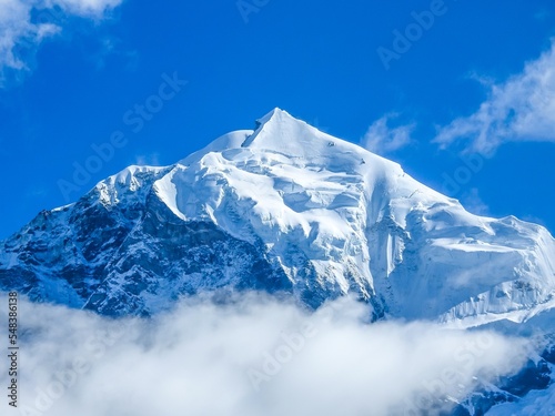 Panoramic beautiful view of mount Ama Dablam with beautiful sky on the way to Everest base camp, Khumbu valley, Sagarmatha national park, Everest area, Nepal