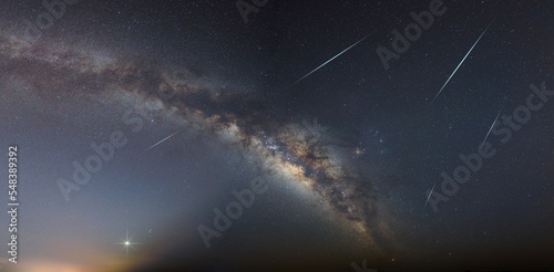 amazing panorama view universe space shot of milky way galaxy with stars and meteor on a night sky background. Milky Way, constellation, Noise and dust in space