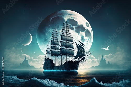 Ship At Sea Against The Background Of The Moon And The Beautiful Sky, 3D Illustration