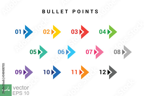 Direction number bullet points from one to twelve. Simple flat style. Number with arrow for list and tag infographic. Vector illustration isolated on white background. EPS 10.