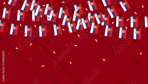 Serbia celebration bunting flags with confetti and ribbons on red background. vector illustration.