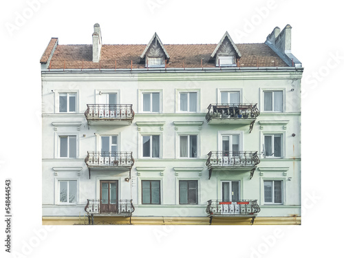 Low-rise white 19th century european house isolated on white background.
