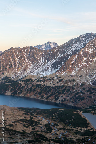 Lakes in Dolina Pieciu Stawow Polskich, Opalony Wierch, Miedzane and Ladovy stit from Hladke sedlo in High Tatras mountains