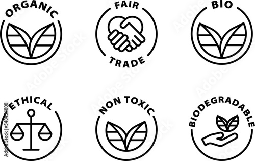 organic, fair trade bio, ethical, non toxic, biodegradable icon set, icons. Isolated vector black outline stamp label rounded badge product tag on transparent background. Symbol.