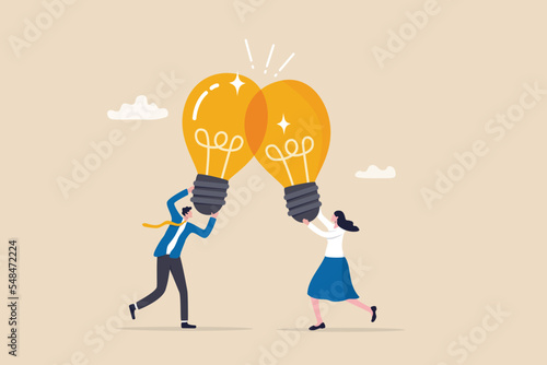 Combine idea, synergy or collaborate to get solution, brainstorm, teamwork or think together to develop great idea concept, businessman, businesswoman join or combine lightbulb idea for best result.