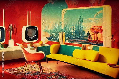 Vintage socialist living room with retro television sci-fi interior design