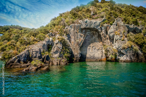 traditional rock carving lake taupo north island new zealand. High quality photo