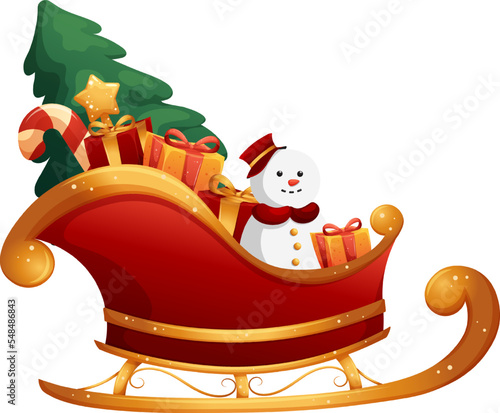 Cartoon Santa Claus sleigh with gifts and Christmas tree on transparent background